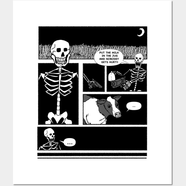 Skeleton with gun sticking up a cow for milk comic (funny) Wall Art by AidanThomas